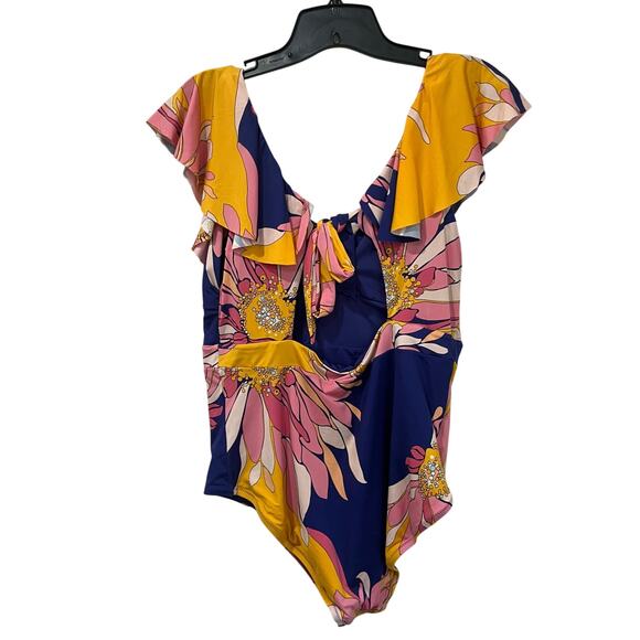 Trina Turk Floral Ruffle One Piece Swimsuit Navy Wire Free Size 14 Resort Vacay - Picture 3 of 9